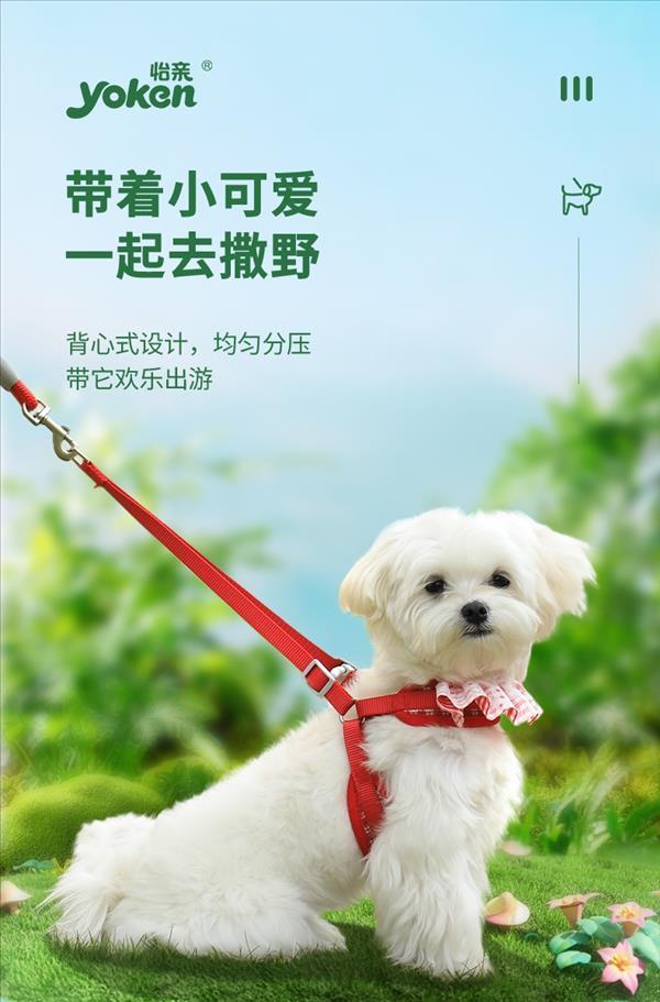 怡亲 宠物小型犬遛狗绳猫咪牵引绳格纹花边胸背带带绳 红色