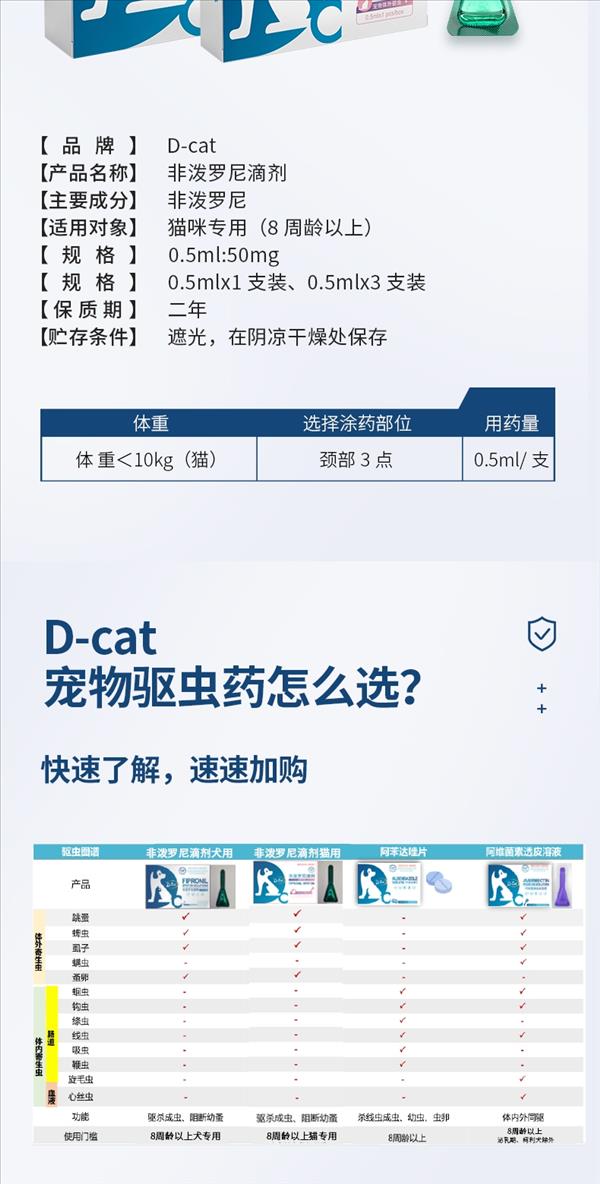 D-cat多克 非泼罗尼滴剂 体外驱虫猫咪专用 0.5ml*3支