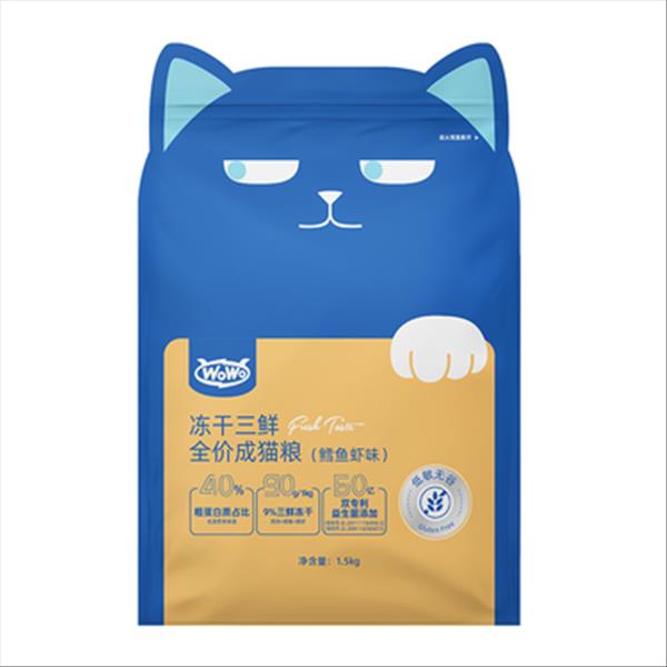 WoWo 冻干三鲜全价成猫粮（鳕鱼虾味）1.5kg*3包装