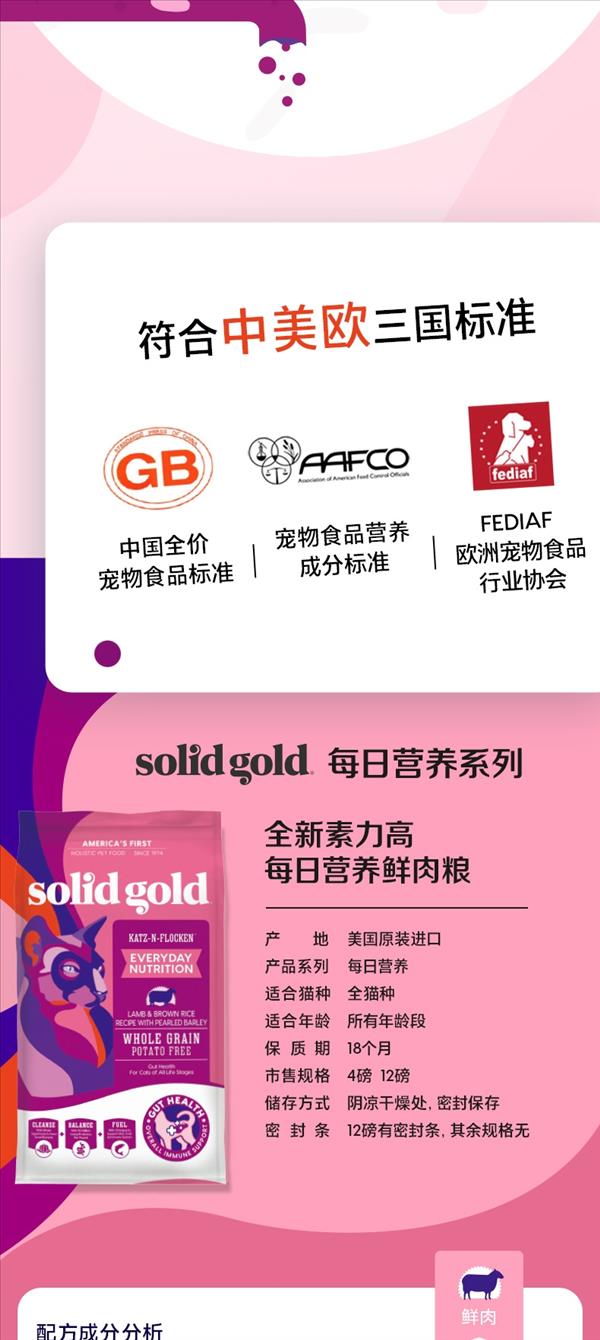 素力高 Solid Gold 每日营养鲜鸡肉羊肉全期猫粮 12磅/5.44kg 保质期到23年10月